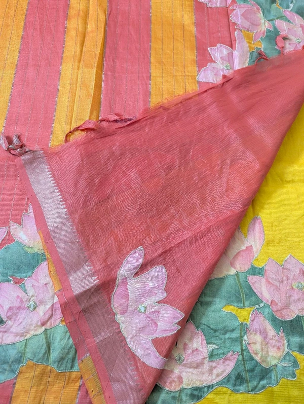 Pure Handloom Mangalagiri  Pattu Appliqve Work  - Pink Lace 22, VZ