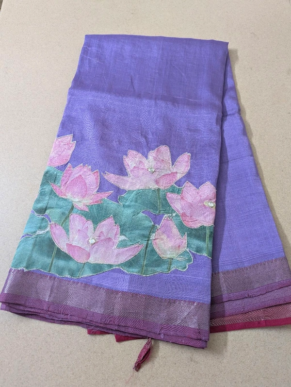 Pure Handloom Mangalagiri  Pattu Appliqve Work  - Pink Lace 23, VZ