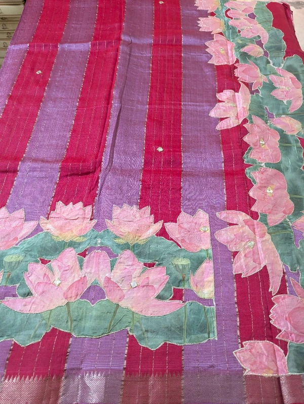 Pure Handloom Mangalagiri  Pattu Appliqve Work  - Pink Lace 23, VZ