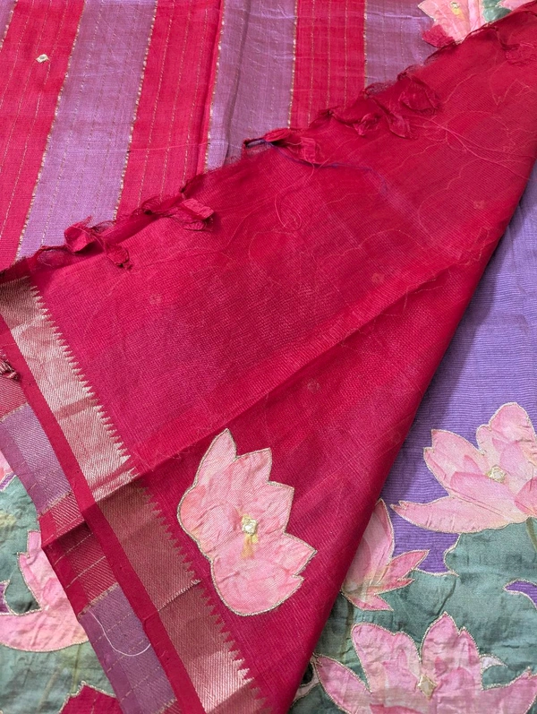 Pure Handloom Mangalagiri  Pattu Appliqve Work  - Pink Lace 23, VZ