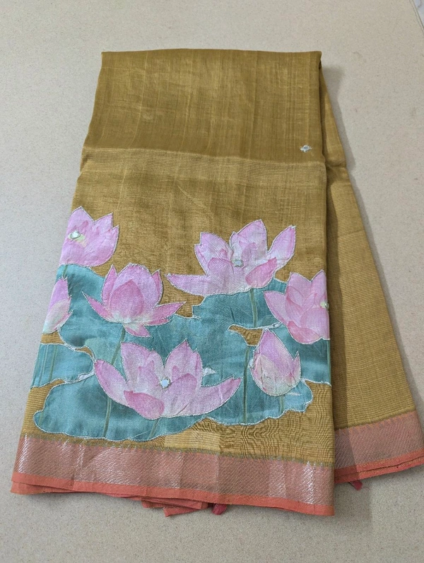 Pure Handloom Mangalagiri  Pattu Appliqve Work  - Pink Lace 24, VZ