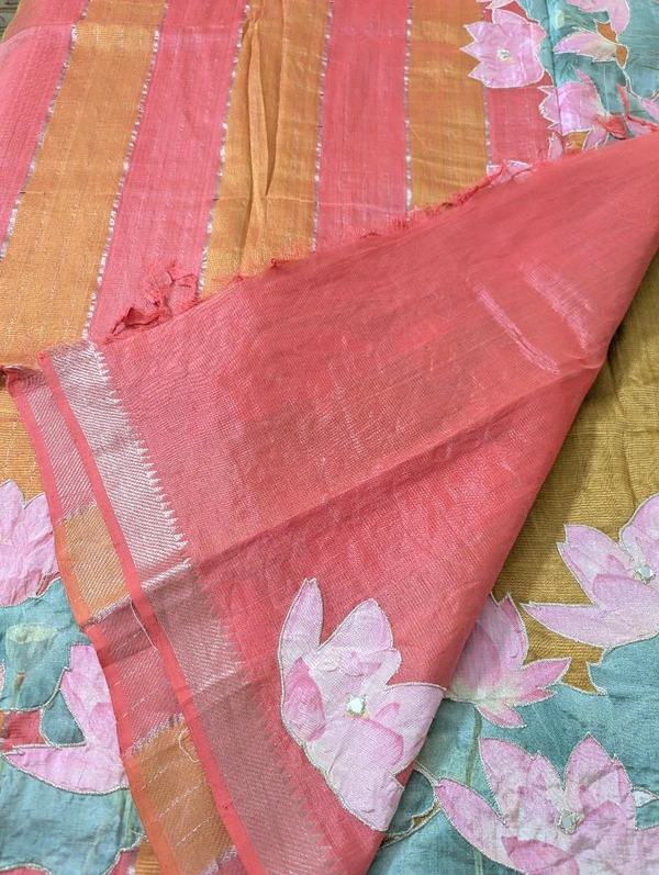 Pure Handloom Mangalagiri  Pattu Appliqve Work  - Pink Lace 24, VZ