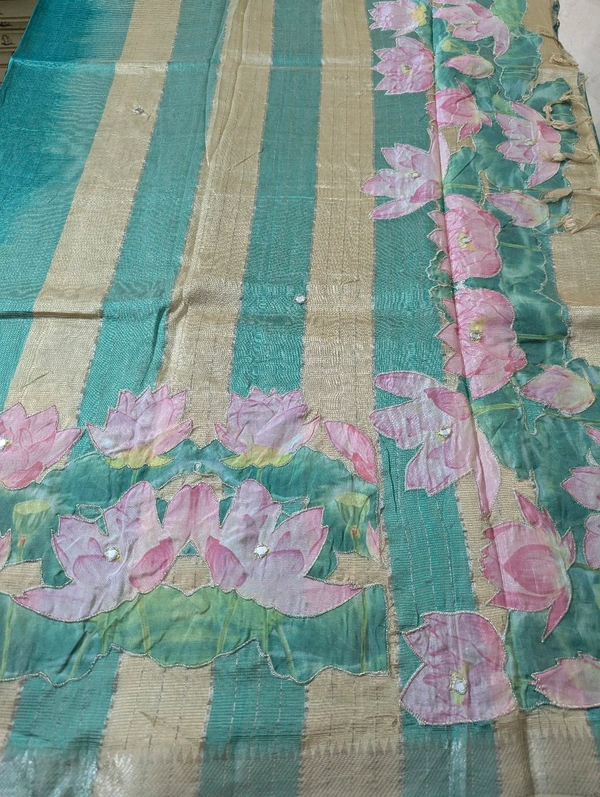 Pure Handloom Mangalagiri  Pattu Appliqve Work  - Pink Lace 25, VZ