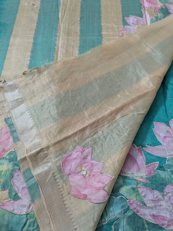 Pure Handloom Mangalagiri  Pattu Appliqve Work  - Pink Lace 25, VZ