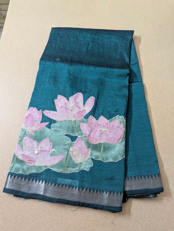 Pure Handloom Mangalagiri  Pattu Appliqve Work  - Pink Lace 26