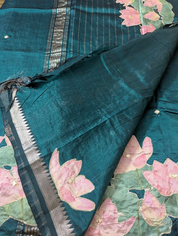 Pure Handloom Mangalagiri  Pattu Appliqve Work  - Pink Lace 26