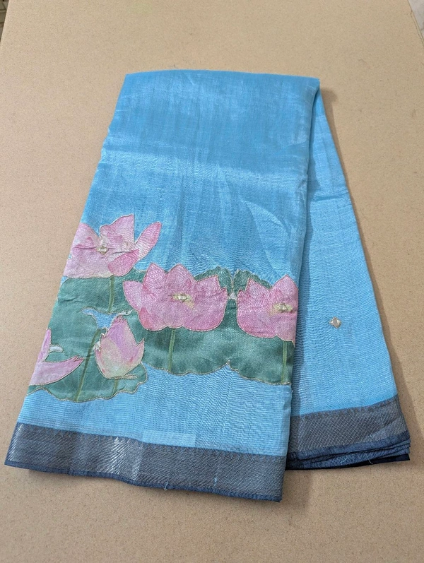 Pure Handloom Mangalagiri  Pattu Appliqve Work  - Pink Lace 27, VZ