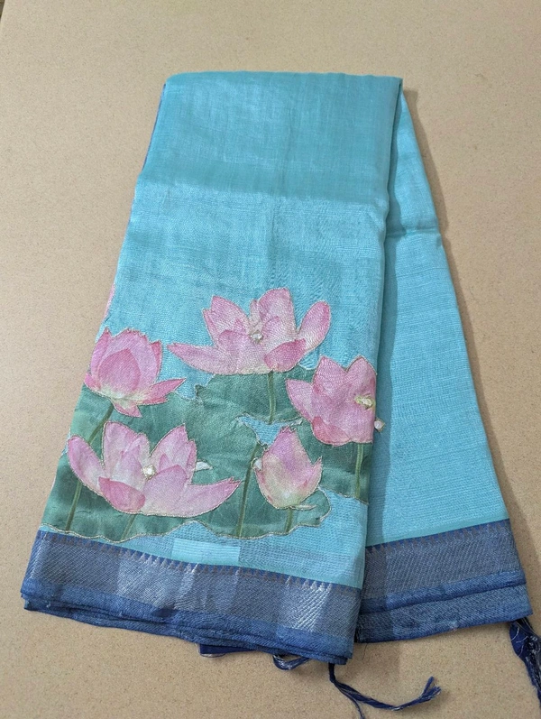 Pure Handloom Mangalagiri  Pattu Appliqve Work  - Pink Lace 29, VZ