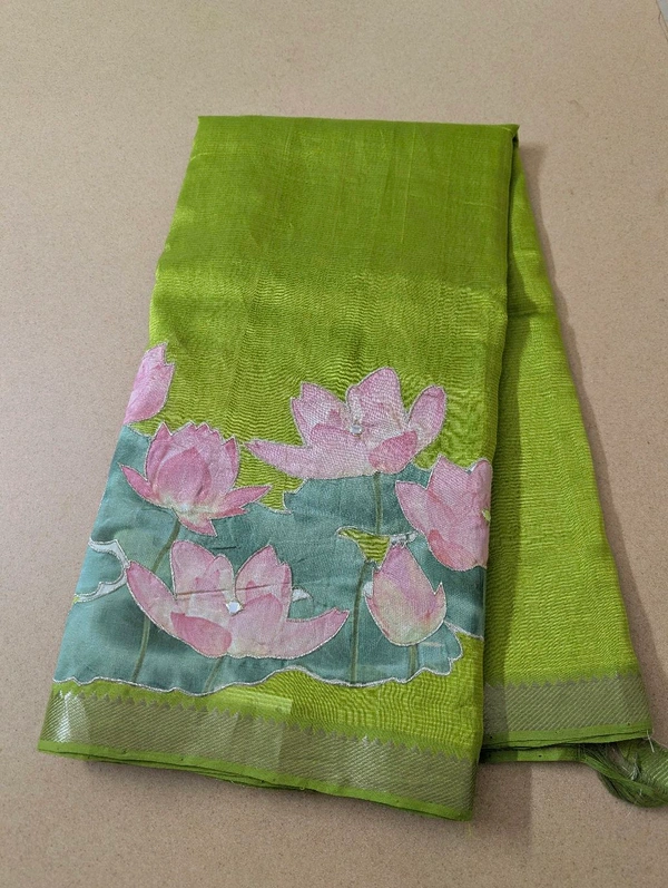 Pure Handloom Mangalagiri  Pattu Appliqve Work  - Pink Lace 31, VZ