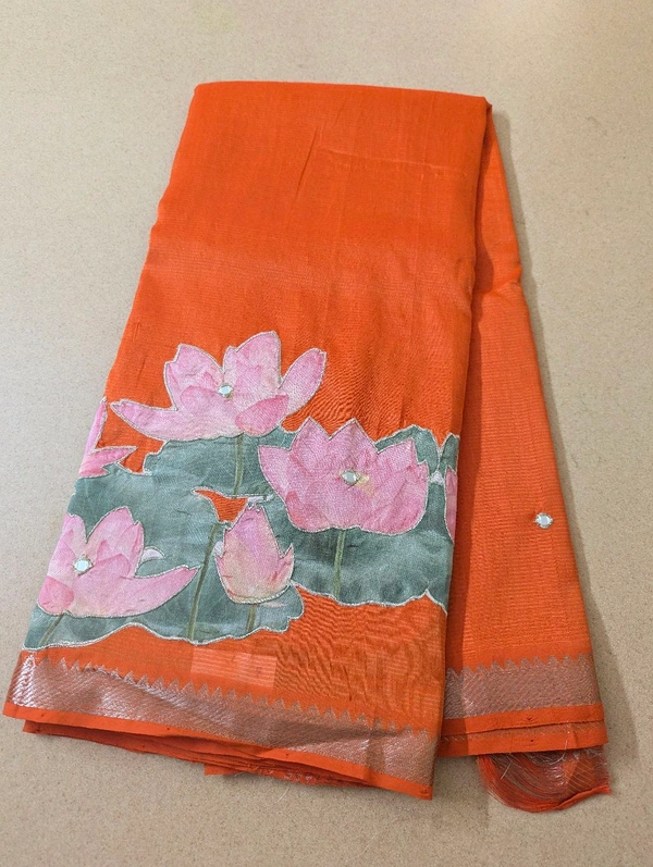 Pure Handloom Mangalagiri  Pattu Appliqve Work  - Pink Lace 34, VZ
