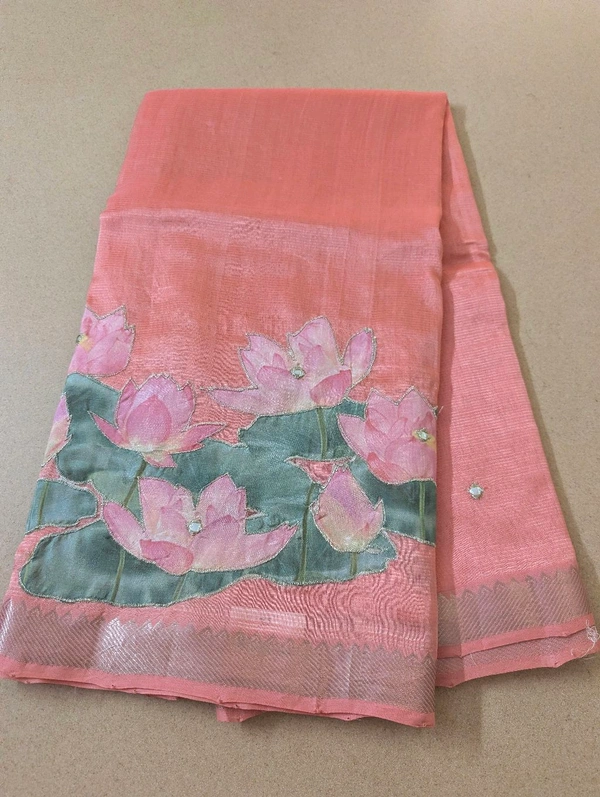 Pure Handloom Mangalagiri  Pattu Appliqve Work  - Pink Lace 35