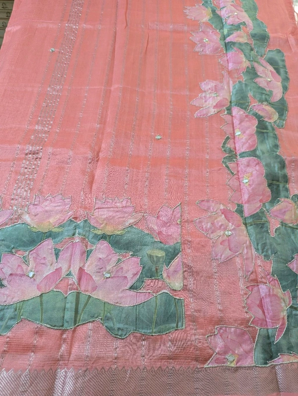 Pure Handloom Mangalagiri  Pattu Appliqve Work  - Pink Lace 35