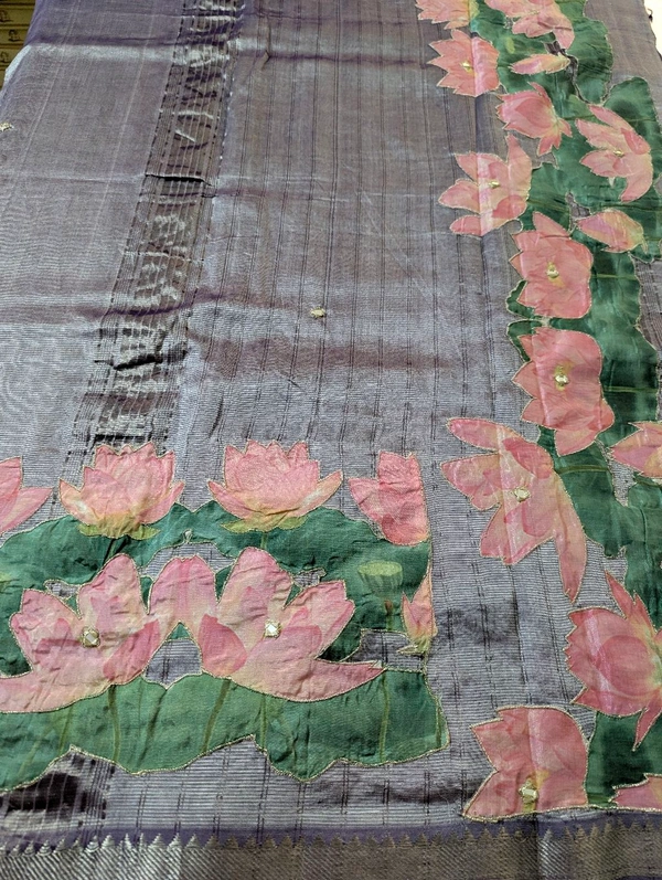 Pure Handloom Mangalagiri  Pattu Appliqve Work  - Pink Lace 36, VZ