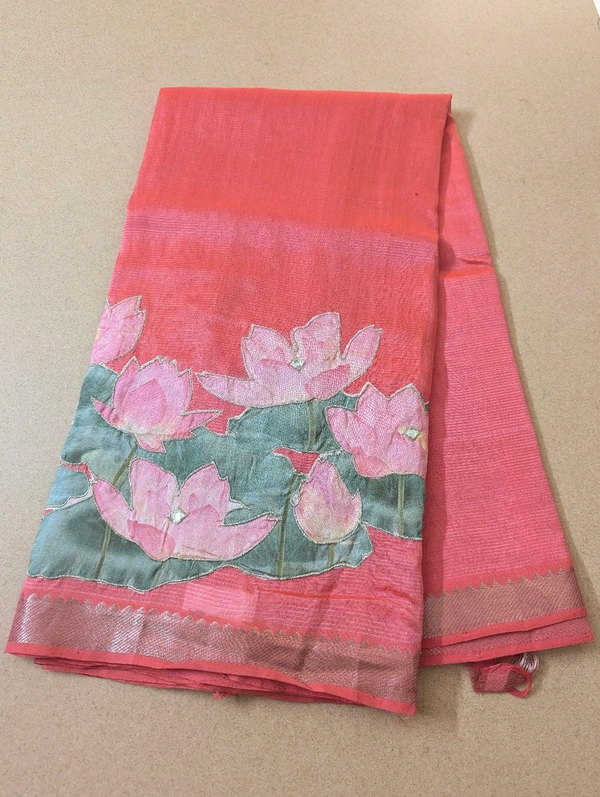 Pure Handloom Mangalagiri  Pattu Appliqve Work  - Pink Lace 37, VZ
