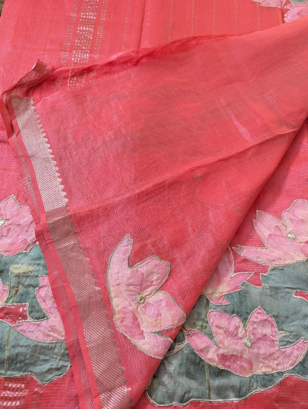 Pure Handloom Mangalagiri  Pattu Appliqve Work  - Pink Lace 37, VZ