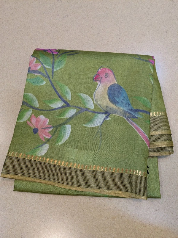 Pure Designer Handloom Tusser Hand Paint  - green, VZ