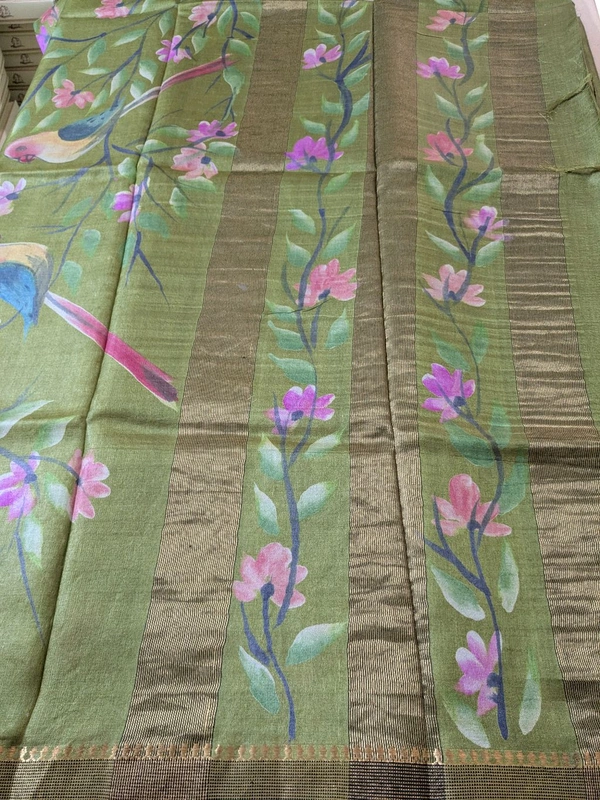Pure Designer Handloom Tusser Hand Paint  - green, VZ