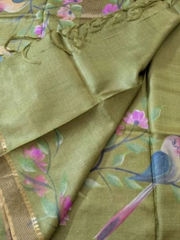 Pure Designer Handloom Tusser Hand Paint  - green, VZ
