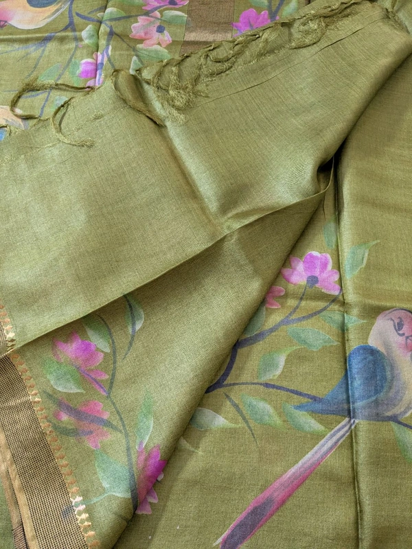 Pure Designer Handloom Tusser Hand Paint  - green, VZ