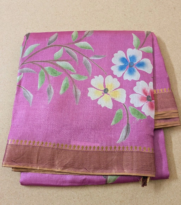 Pure Designer Handloom Tusser Hand Paint  - Blush Pink, VZ