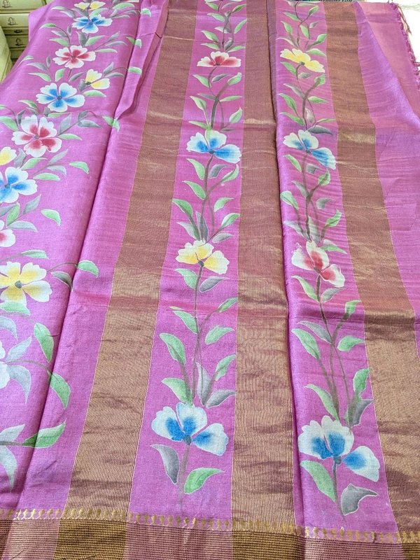 Pure Designer Handloom Tusser Hand Paint  - Blush Pink, VZ