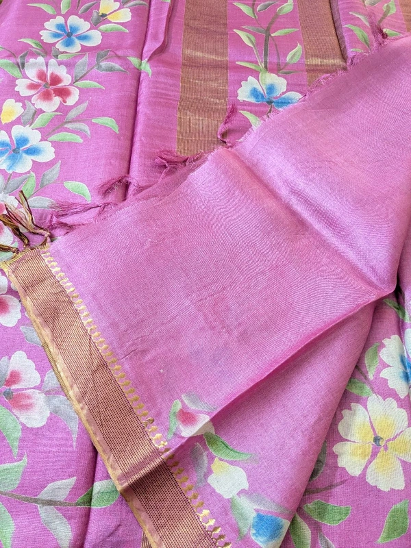 Pure Designer Handloom Tusser Hand Paint  - Blush Pink, VZ