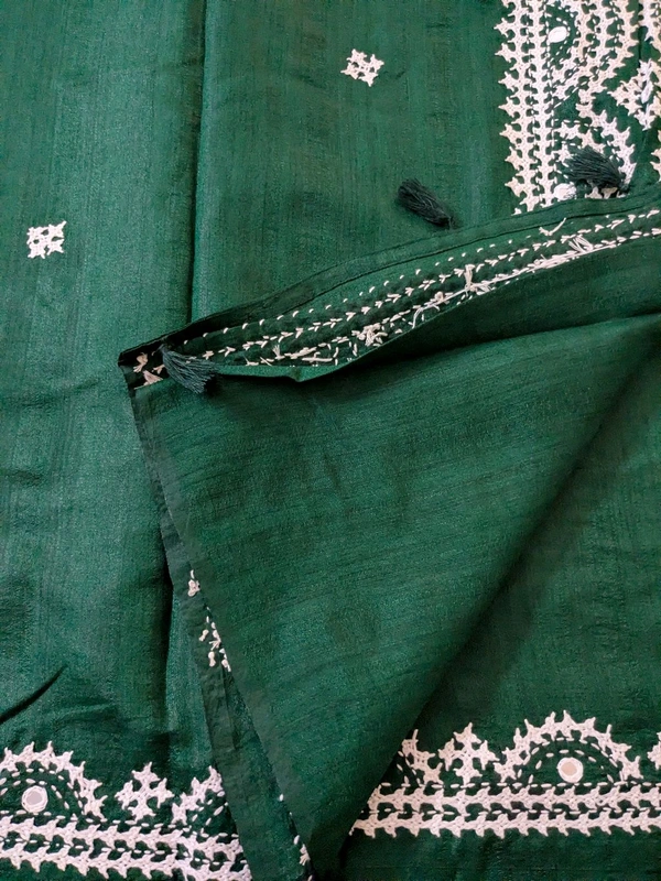 Designer Tusser With Hand Work  - Dark green, VZ