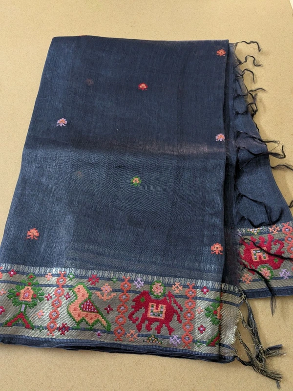 Designer Silk Lenin Paithani Inspired  - Navy Blue, VZ