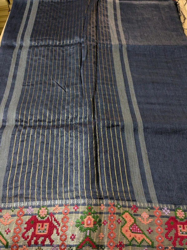 Designer Silk Lenin Paithani Inspired  - Navy Blue, VZ