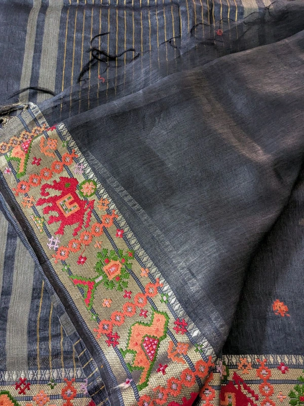 Designer Silk Lenin Paithani Inspired  - Navy Blue, VZ