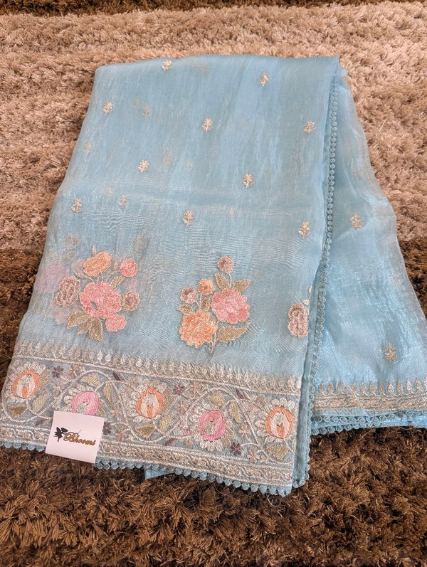 Soft Kora Tissue Embroidery  - sky blue, VZ