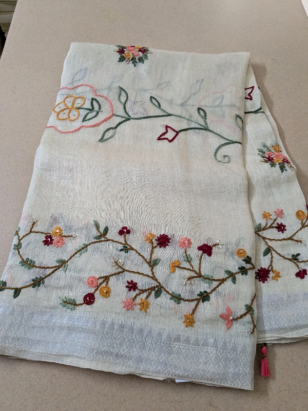 Pure Handloom Silk Lenin With Hand Work  - Baja White, VZ