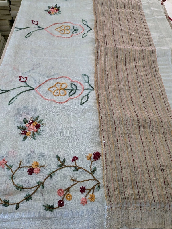 Pure Handloom Silk Lenin With Hand Work  - Baja White, VZ