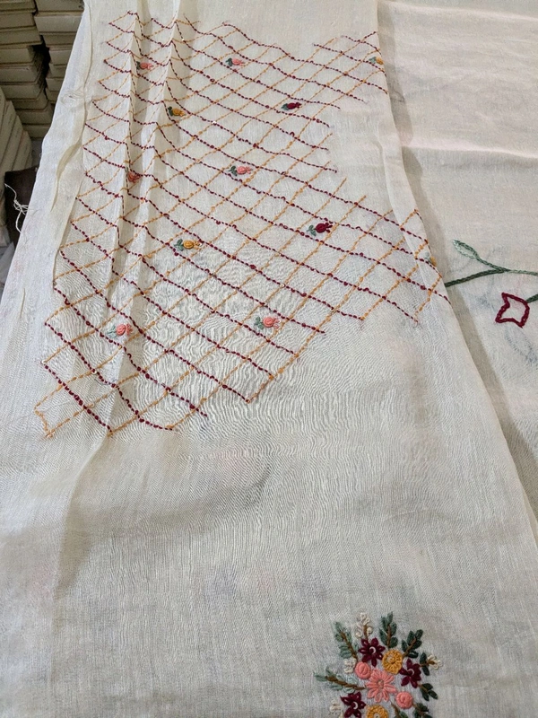 Pure Handloom Silk Lenin With Hand Work  - Baja White, VZ