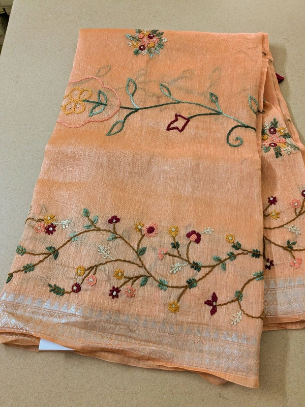 Pure Handloom Silk Lenin With Hand Work  - Web Orange, VZ