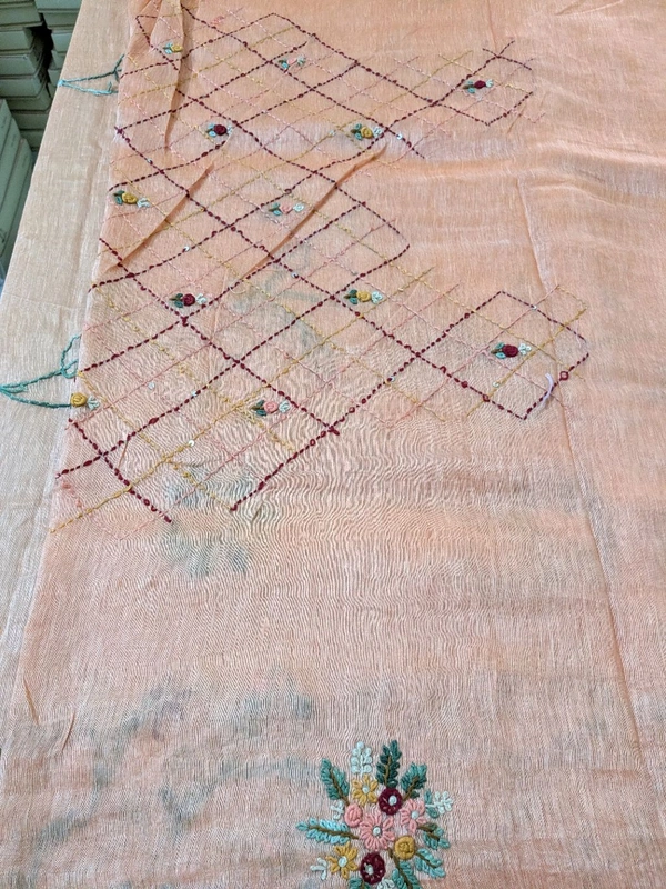 Pure Handloom Silk Lenin With Hand Work  - Web Orange, VZ