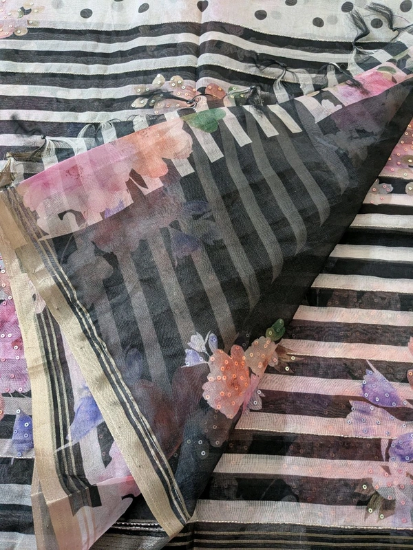 Designer Soft Organza Hand Work  - Black, VZ