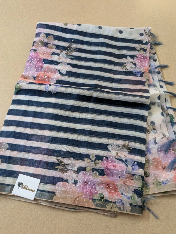 Designer Soft Organza Hand Work  - Navy Blue, VZ