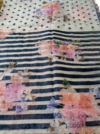 Designer Soft Organza Hand Work  - Navy Blue, VZ