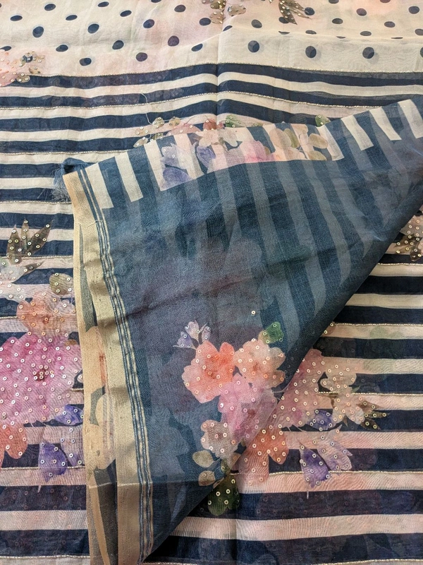 Designer Soft Organza Hand Work  - Navy Blue, VZ