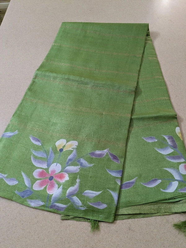 Pure Designer Handloom Tusser Hand Paint  - green, VZ