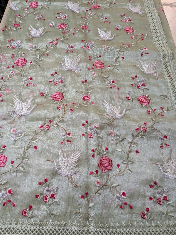 Designer Tissue Embroidery  - Yellow Green