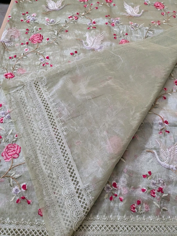 Designer Tissue Embroidery  - Yellow Green