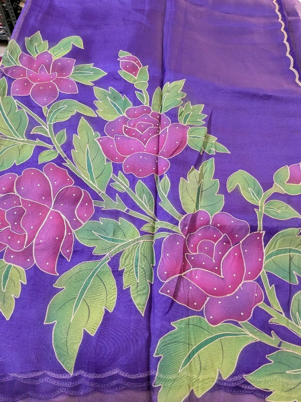 Pure Handloom Designer Organza  - Pigment Indigo