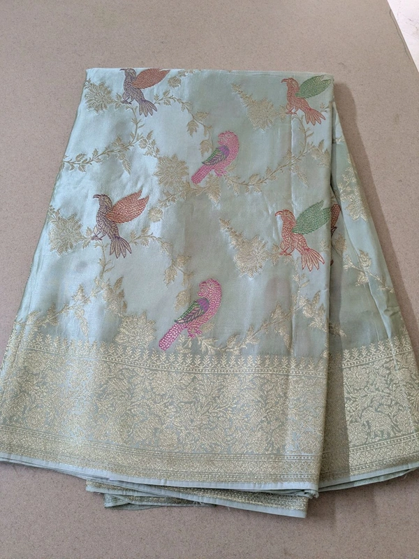 Pure Mushru With Meena Designer  - Snowy Mint