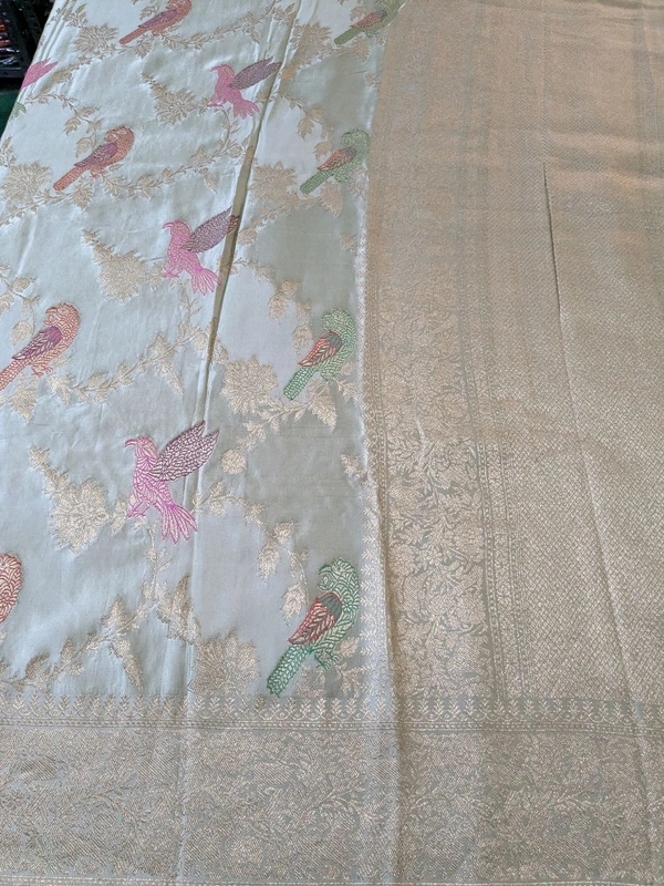 Pure Mushru With Meena Designer  - Snowy Mint