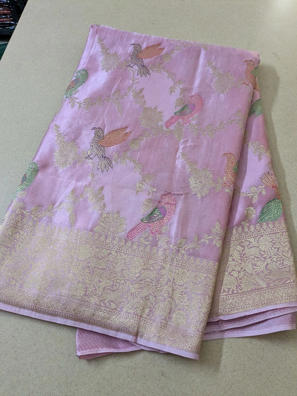 Pure Mushru With Meena Designer  - Pink Lace