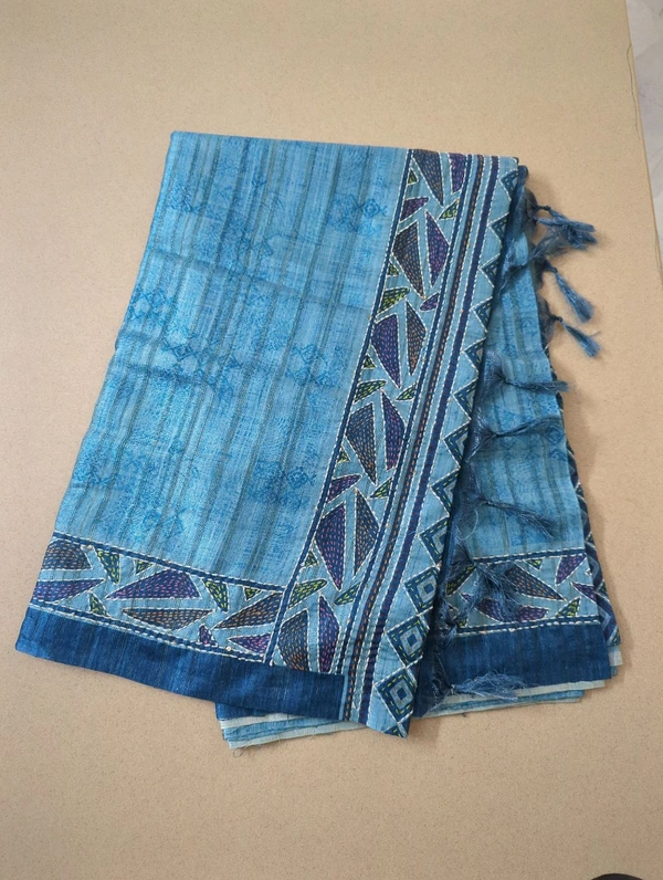 pure tusser kantha work - Blue