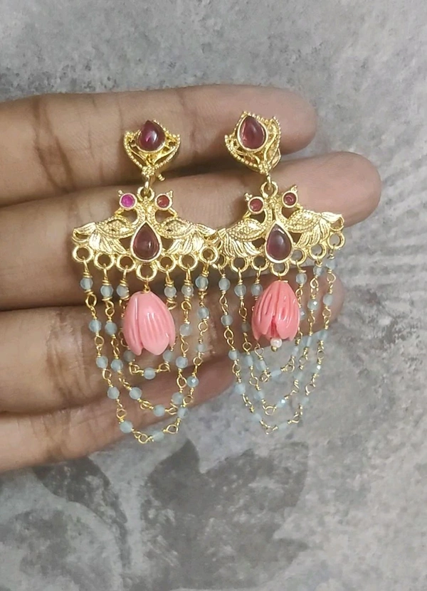 Earrings With Lotus Bud And Green Beads