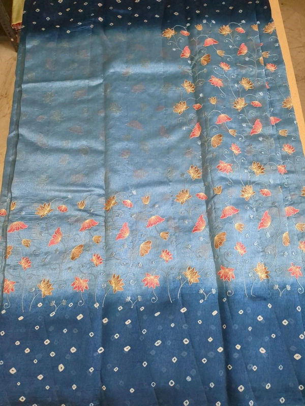 Pure Raw Silk Bhandhini - aqua blue